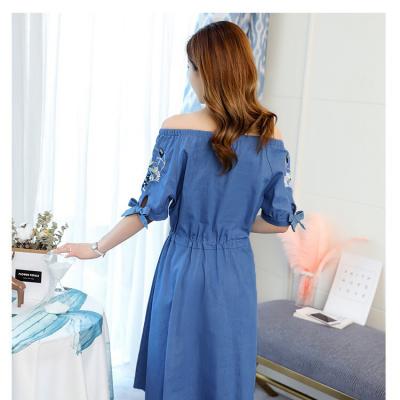 ĐẦM DENIM TRỄ VAI TAY THÊU HOA EO RÚT - NJ915